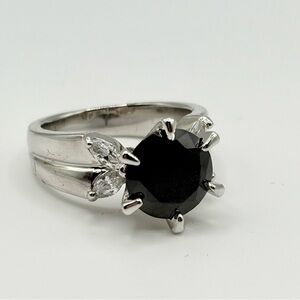 Rhodium Plated Ring with Swarovski Crystals and Black Crystal Solitaire